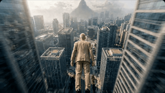 A cinematic cityscape with a creator standing above the rooftops.