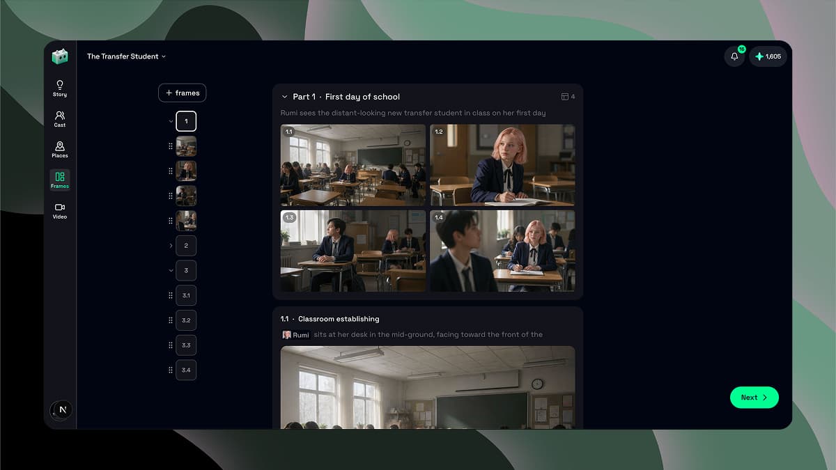 Generate a connected section of storyboard shots with Storyboard Grid in Jumi.