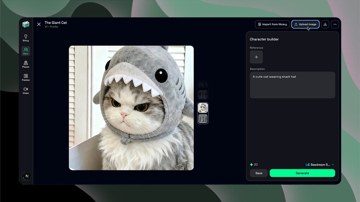 A cat wearing a shark hat uploaded as a character in Jumi’s Character builder.